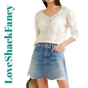 LOVESHACKFANCY 100% Cotton Solstice Ivory Eyelet Lace Double V Neck Blouse, XS